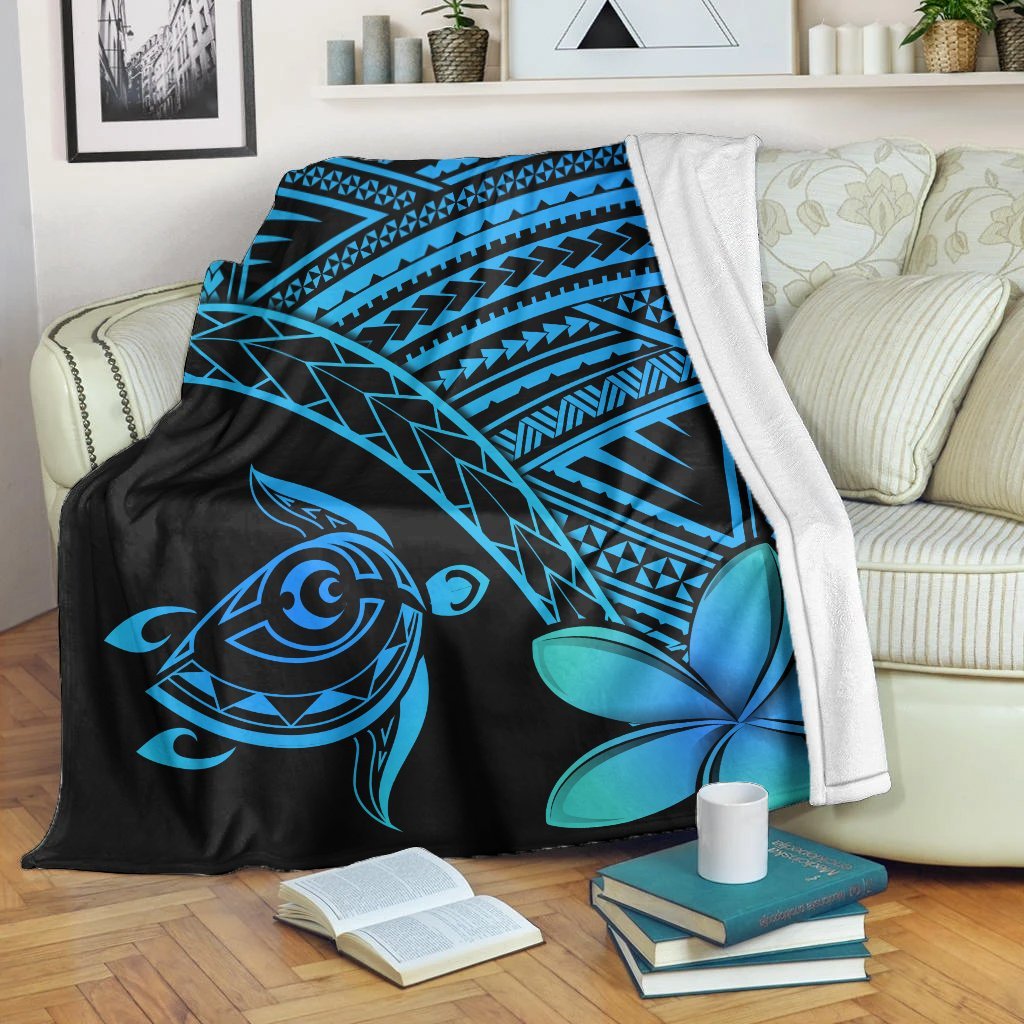 Hawaiian Turtle Plumeria Kakau Polynesian Quilt Premium Blankets Blue AH