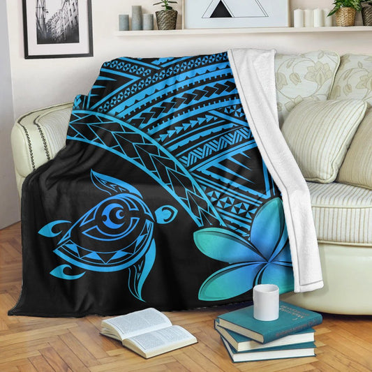 Hawaiian Turtle Plumeria Kakau Polynesian Quilt Premium Blankets Blue AH
