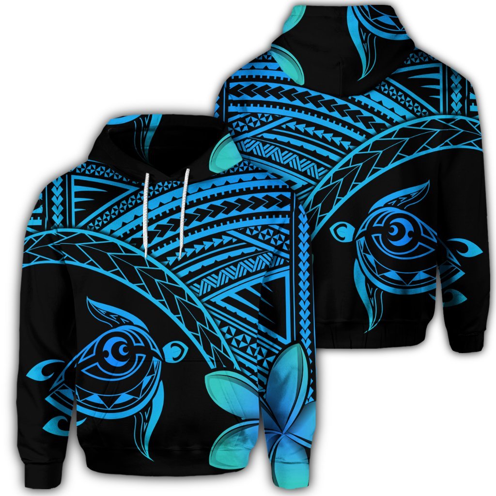 Hawaiian Turtle Plumeria Kakau Polynesian Quilt Hoodie Blue AH