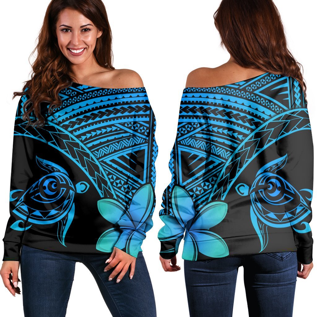 Hawaiian Turtle Plumeria Kakau Polynesian Quilt Women's Off Shoulder Sweater Blue AH