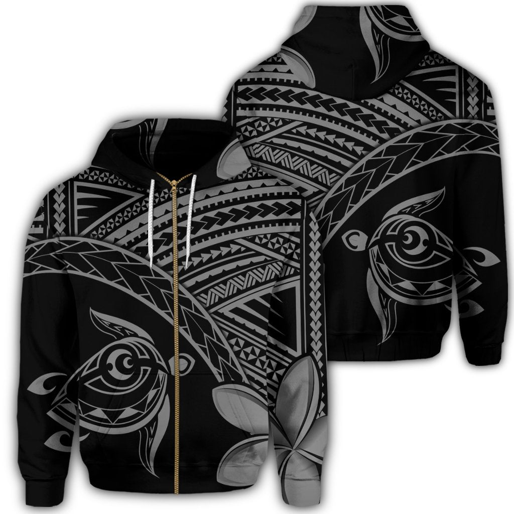 Hawaiian Turtle Plumeria Kakau Polynesian Quilt Zip Hoodie Neo Gray AH