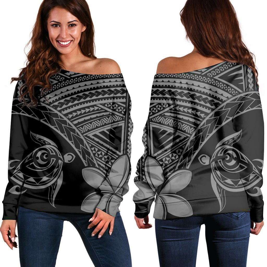 Hawaiian Turtle Plumeria Kakau Polynesian Quilt Women's Off Shoulder Sweater Neo Gray AH