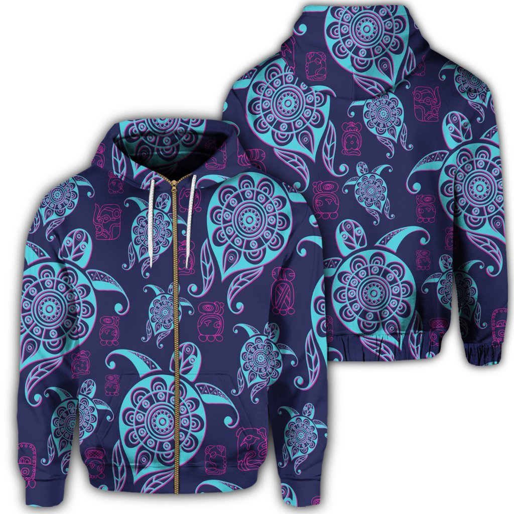 Hawaiian Turtle Polynesian Neon Zip Hoodie