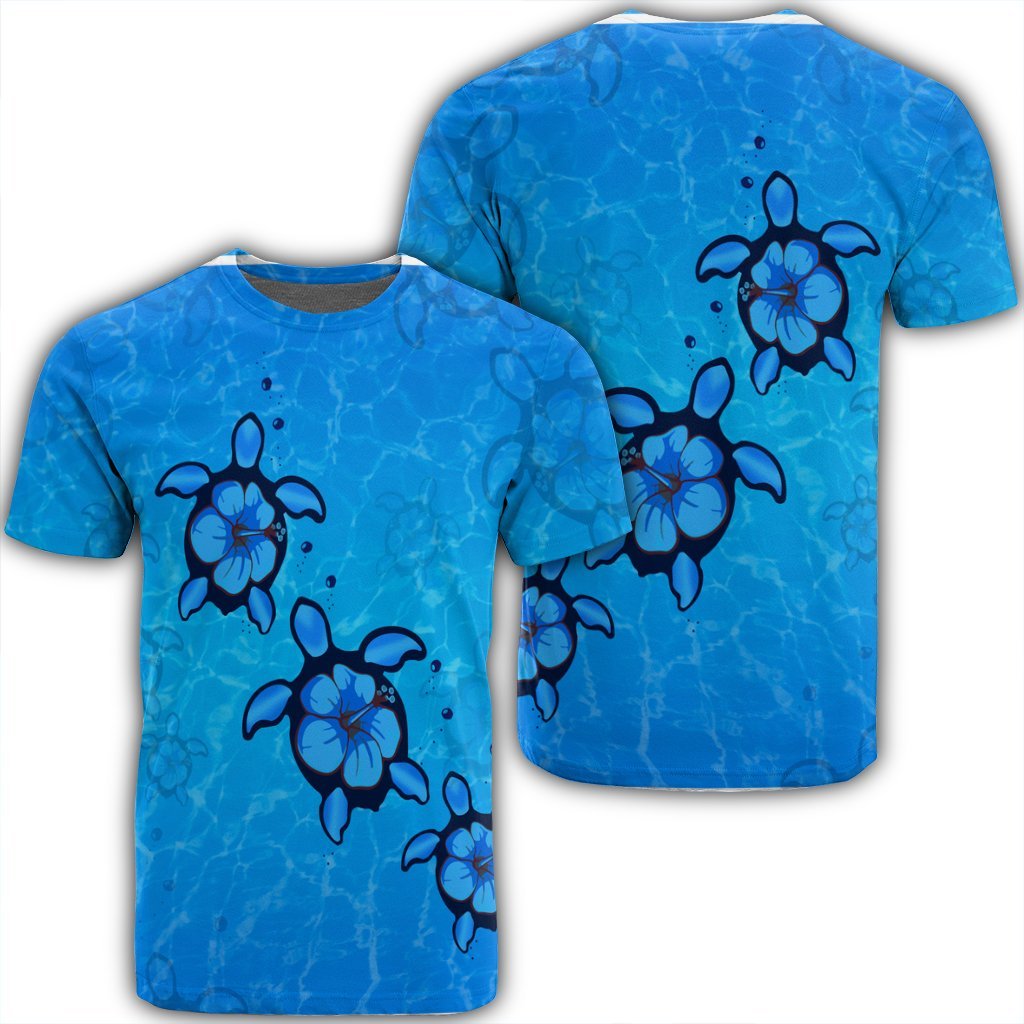 Hawaiian Turtle Swim In The OCean With Hibiscus Polynesian T Shirt AH