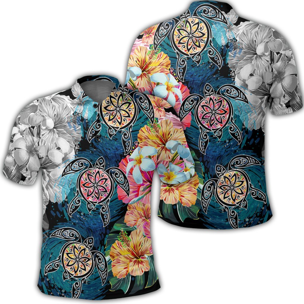Hawaiian Turtle Swimming Wave Plumeria Hibiscus Polynesian Polo Shirt - Garden Style - AH