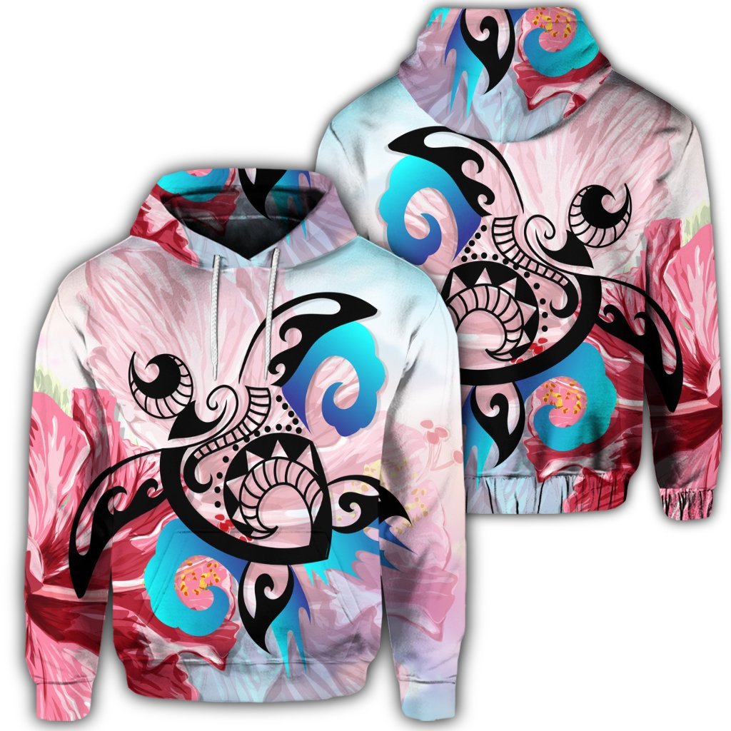 Hawaiian Wave Hibiscus Watercolor Turtle Polynesian Hoodie