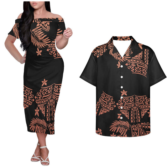 Polynesian Tribal Island Leaf Pattern Black Couple Outfits Tropical Style Hung Short Sleeved Dress And Hawaiian Shirt Couple Set
