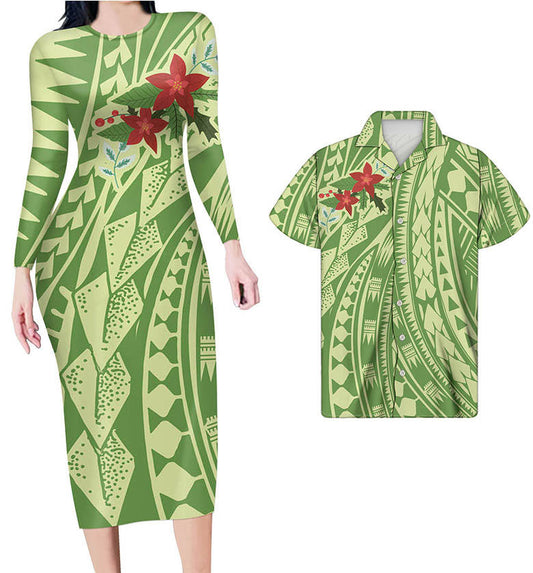 Hawaii Matching Outfits For Couples Hawaii Flowers Polynesian Tribal Green Bodycon Dress And Hawaii Shirt