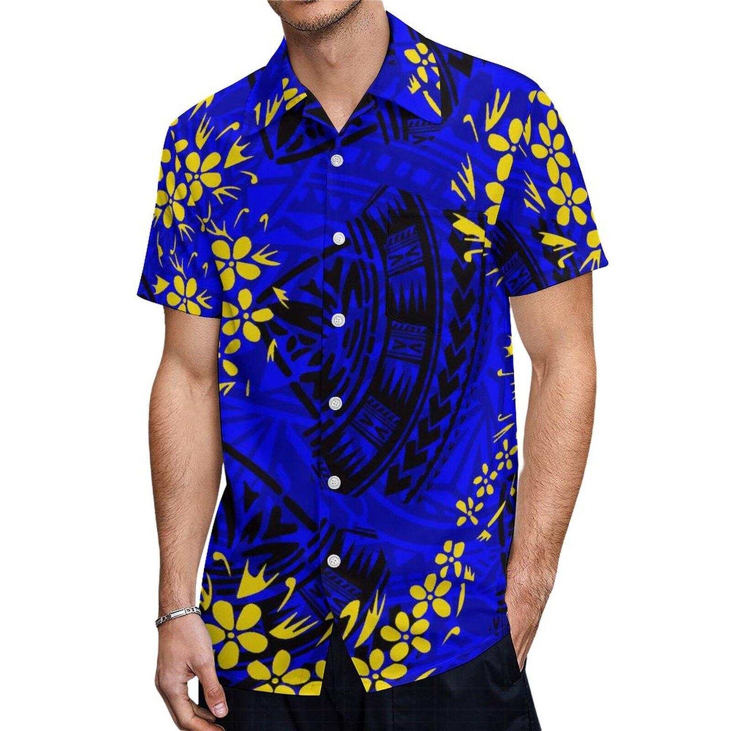 Polynesian Samoa Tribal Yellow Flowers Pattern Printed Short Sleeve Shirt Polynesian Blue Hawaiian Shirt