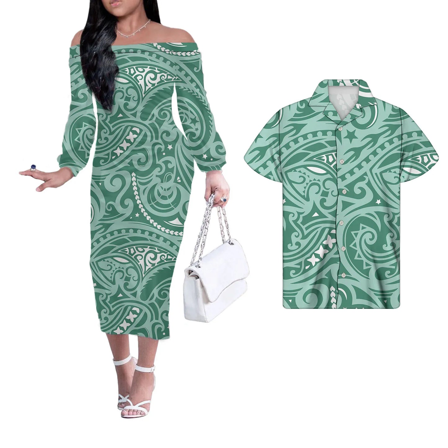 Polynesian Tribal Pattern Matching Outfit For Couples Men Shirts and Birthday Dress Off Shoulder Long Dresses for Women