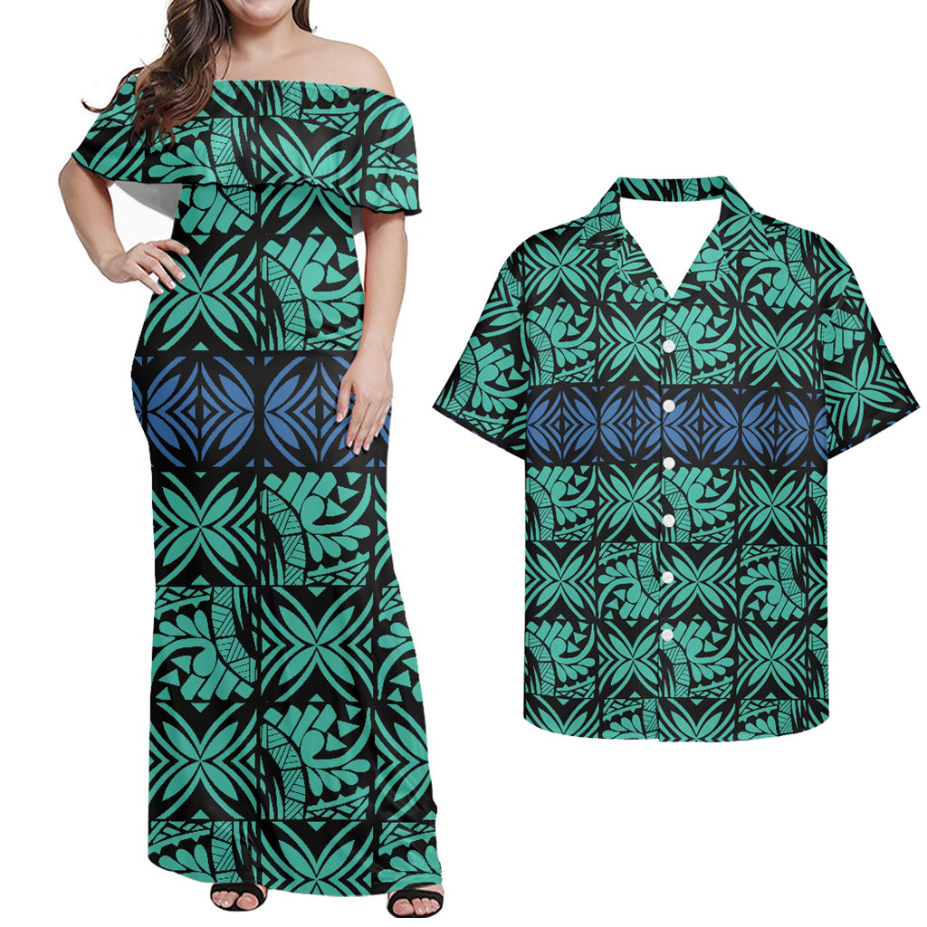 Polynesian Geometric Pattern Matching Outfit Combo Off Shoulder Dress and Hawaiian Shirt