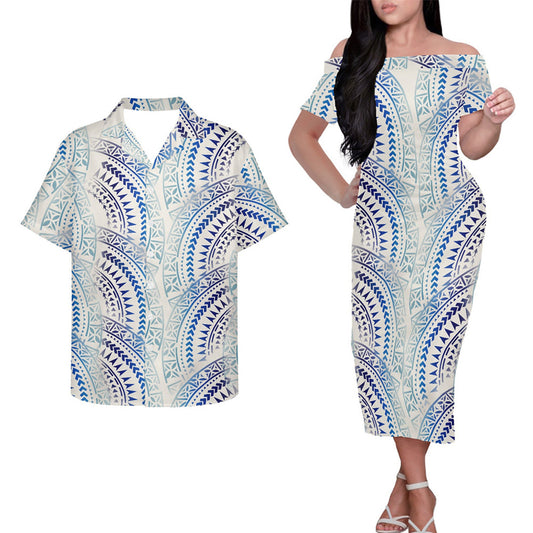 Polynesian Tribal Clothing Couple Outfits Pacific Island Patterns White Hung Short Sleeved Dress And Hawaiian Shirt
