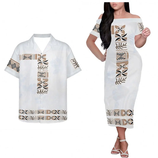 Polynesian Clothing Dress Tribal White Matching Outfit For Couple Printed Polynesian Hung Short Sleeved Dress And Hawaiian Shirt