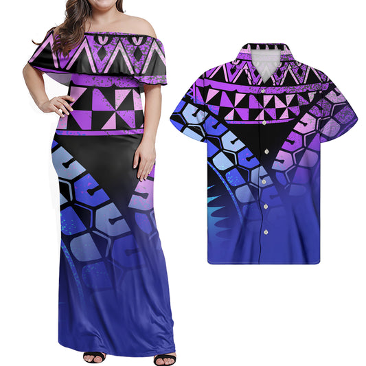 Polynesian Tribal Pattern Vintage Combo Dress and Hawaiian Shirt Matching Couples Outfit For Him Her