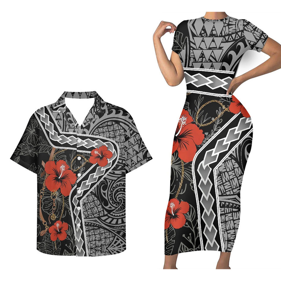 Matching Outfit For Couples Hawaii Hibiscus Polynesian Tribal Line Bodycon Dress And Hawaii Shirt