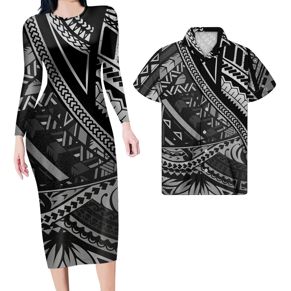 Matching Outfit For Couples Black Polynesian Tribal Hawaii Tropical Bodycon Dress And Hawaii Shirt