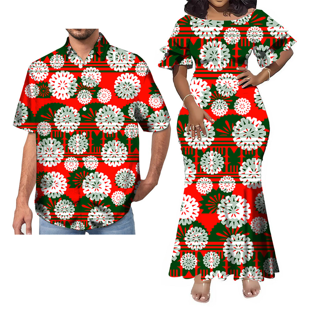 Polynesian Tribal Geometric Pattern Fishtail Skirt Dress And Shirt Couple Set Outfit