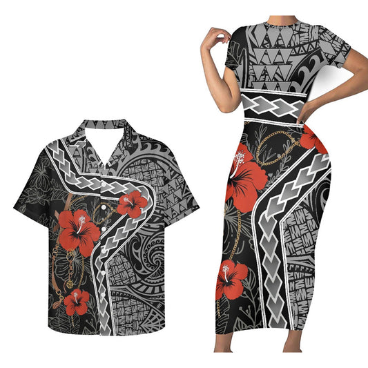 Polynesian Hibiscus Red Pattern Matching Outfit For Couple Polynesian Tribal Tight Short Sleeve Dress And Hawaiian Shirt For Her Him