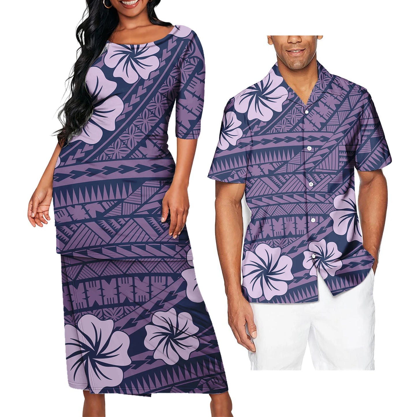 Polynesian Tribal Flowers Pattern Clothing Set Samoan Print Polynesian Tribal Matching Couple Outfit For Him Her