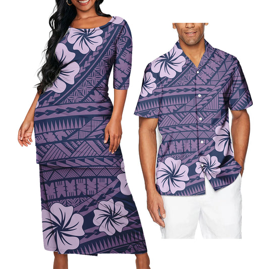 Polynesian Tribal Flowers Pattern Clothing Set Samoan Print Polynesian Tribal Matching Couple Outfit For Him Her