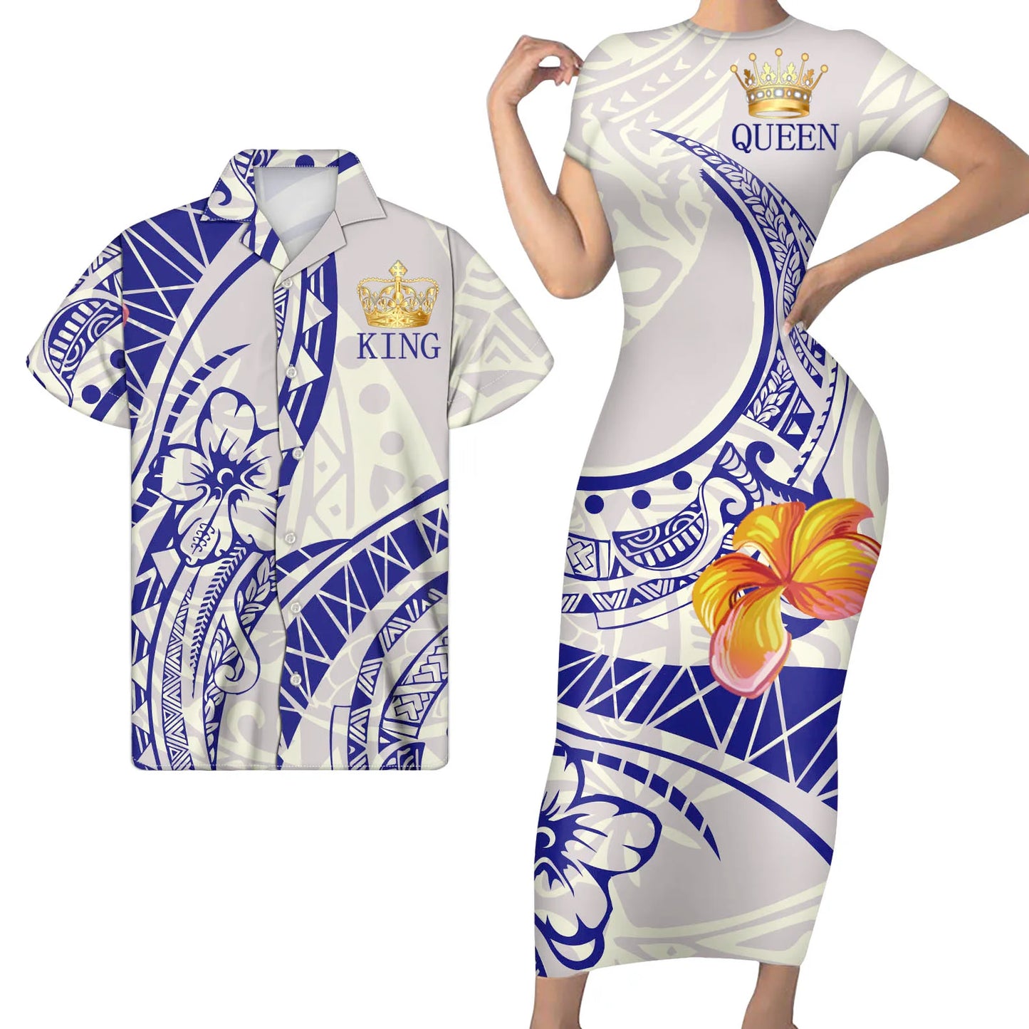 King Queen Polynesian Pattern Matching Outfit For Couples Tight Short Sleeve Dress Style Men Long Sleeve Shirt