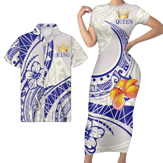 King Queen Polynesian Pattern Matching Outfit For Couples Tight Short Sleeve Dress Style Men Long Sleeve Shirt