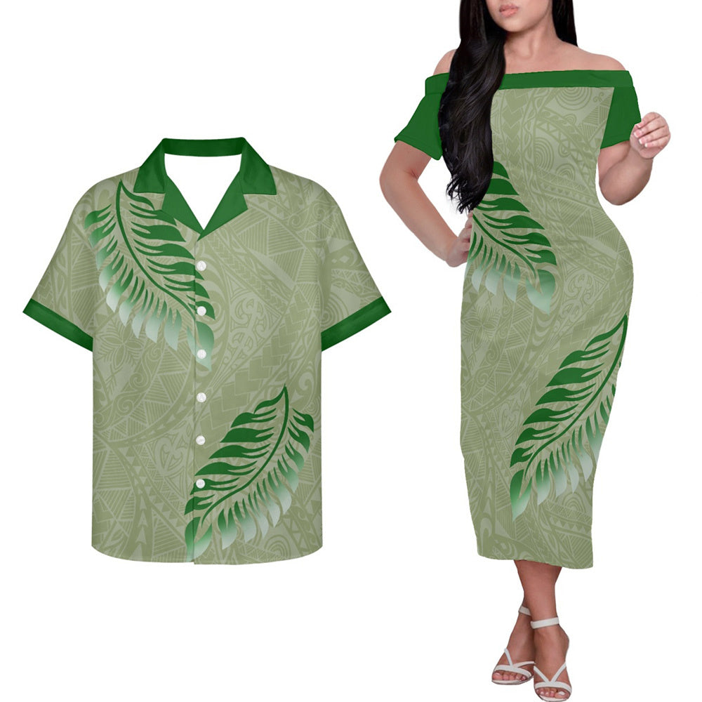 Polynesian Island Tribal Leaf Pattern Couple Outfits Island Hung Short Sleeved Dress And Hawaiian Shirt Party Outfit Set