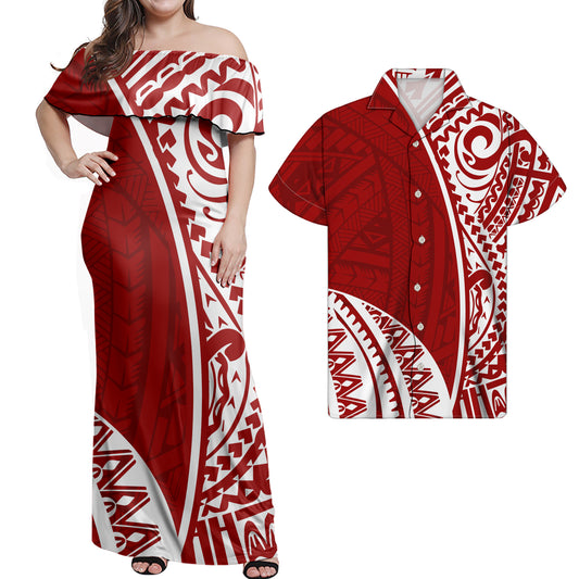 Polynesian Tribal Pattern Red Combo Dress and Hawaiian Shirt Matching Couples Outfit For Him Her