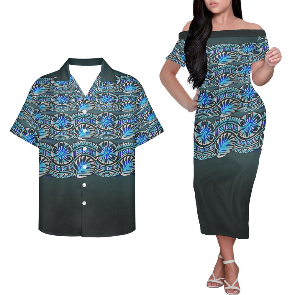 Polynesian Island Tribal Hibiscus Pattern Print Couple Outfits Half Style Pacific Island Hung Short Sleeved Dress And Hawaiian Shirt Party Outfit Set