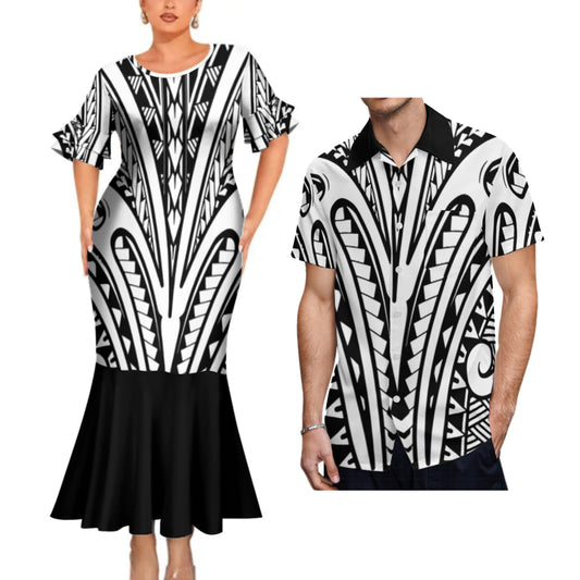 Black Polynesian Tribal Mermaid Bodycon Dresses and Shirt Tropical Matching Outfit