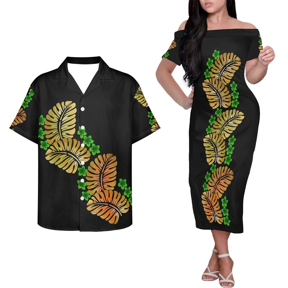 Polynesian Island Tribal Leaf Pattern Couple Outfits Tropical Black Hung Short Sleeved Dress And Hawaiian Shirt Party Outfit Set
