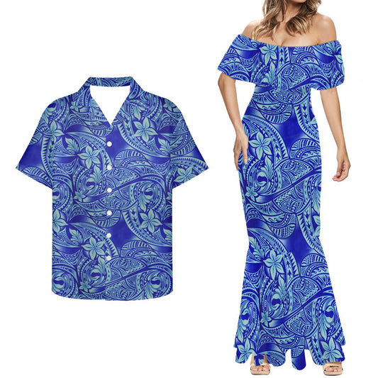Polynesian Tribal Blue Pattern Combo Mermaid Dress and Hawaiian Shirt Matching Couples Outfit