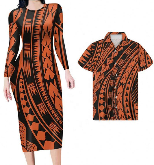 Hawaii Matching Clothes For Couples Polynesian Tribal Orange Bodycon Dress And Summer Hawaii Shirt