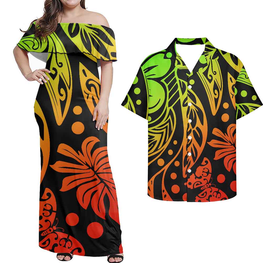 Polynesian Leaf Tropical Pattern Combo Dress and Hawaiian Shirt Matching Couples Outfit For Him Her