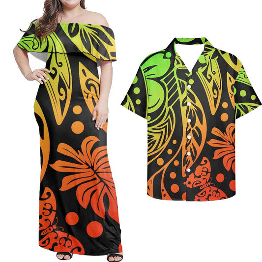 Polynesian Leaf Tropical Pattern Combo Dress and Hawaiian Shirt Matching Couples Outfit For Him Her