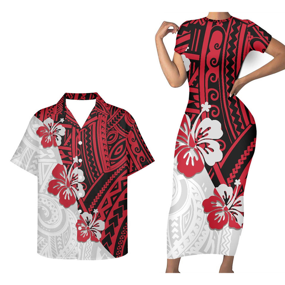 Hawaii Matching Outfit For Couples Red Hibiscus Polynesian Tribal Bodycon Dress And Hawaii Shirt