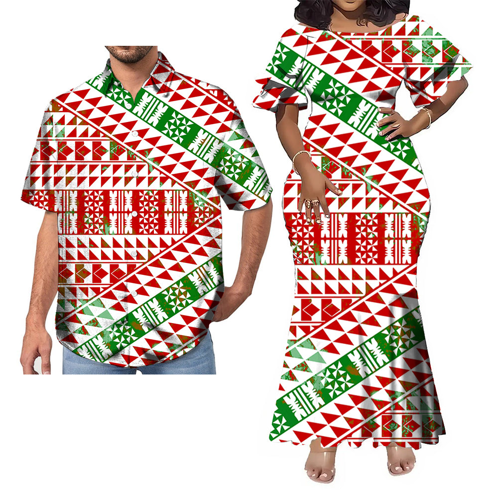 Polynesian Pattern Geometric Fishtail Skirt Dress And Hawaii Shirt Couple Set