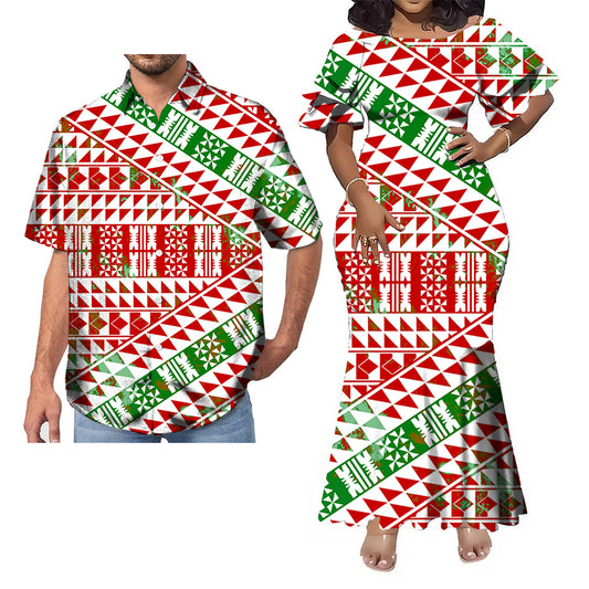 Polynesian Pattern Geometric Fishtail Skirt Dress And Hawaii Shirt Couple Set