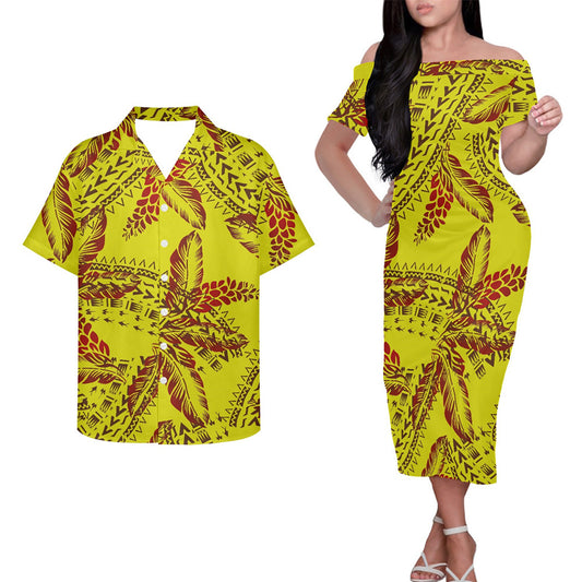 Polynesian Tribal Clothing Couple Outfits Pacific Island Tropical Leaf Patterns Yellow Hung Short Sleeved Dress And Hawaiian Shirt