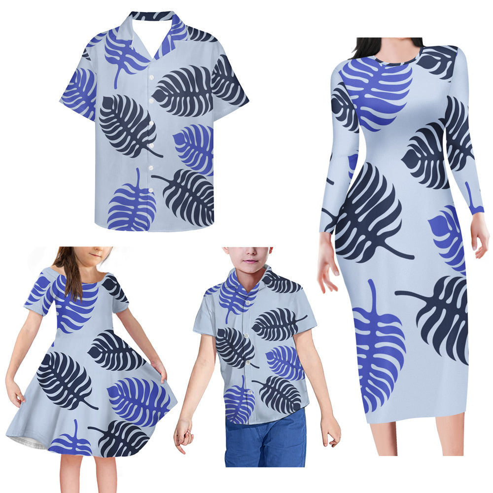 Tropical Palm Leaf Pattern Matching Family Outfits Island Bodycon Long Sleeve Dress And Shirt Family Members