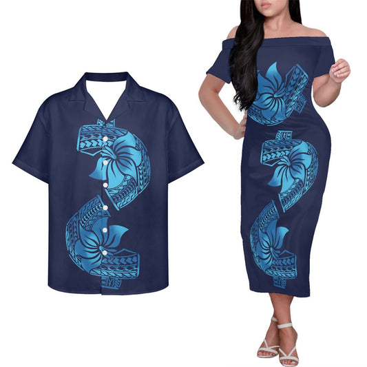 Polynesian Island Tribal Pattern Couple Outfits Tropical Blue Hung Short Sleeved Dress And Hawaiian Shirt Party Outfit Set