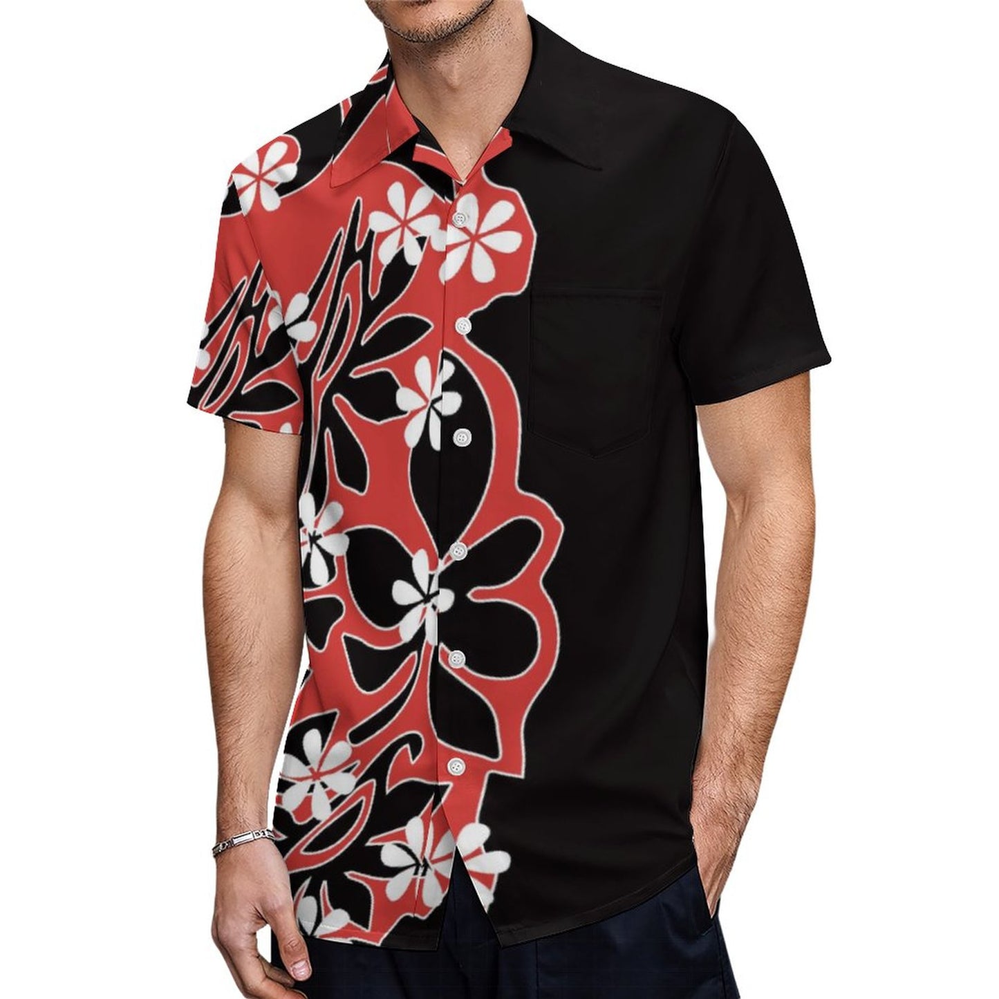 Samoa Polynesian Flowers Pattern Printed Hawaiian Shirt Summer Black Short Sleeve Shirt For Him