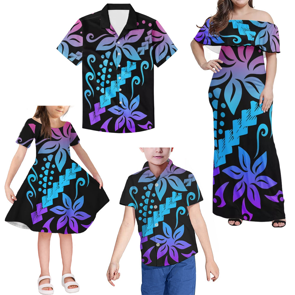 Polynesian Tribal Flowers Pattern Matching Family Outfits Combo Island Dress and Hawaiian Shirt For Family Members