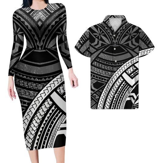 Hawaii Black And White Matching Outfit For Couples Polynesian Tribal Bodycon Dress And Aloha Shirt