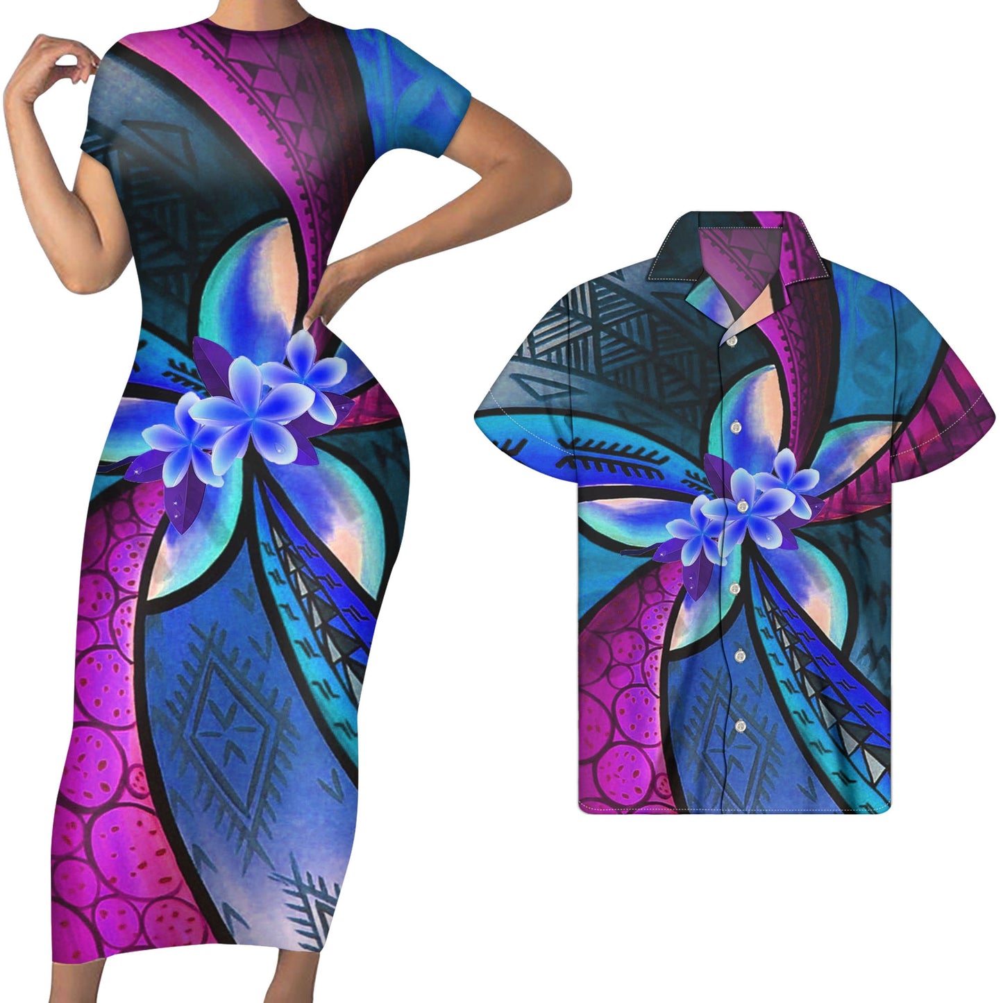 Colorful Polynesian Tribal Plumeria Flower Print Short Sleeve Bodycon Dress Women Match Men Shirts Custom Purple Couple Clothing Set