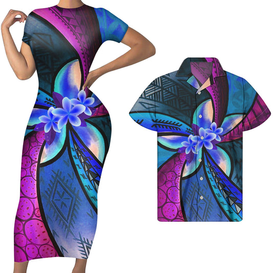 Colorful Polynesian Tribal Plumeria Flower Print Short Sleeve Bodycon Dress Women Match Men Shirts Custom Purple Couple Clothing Set