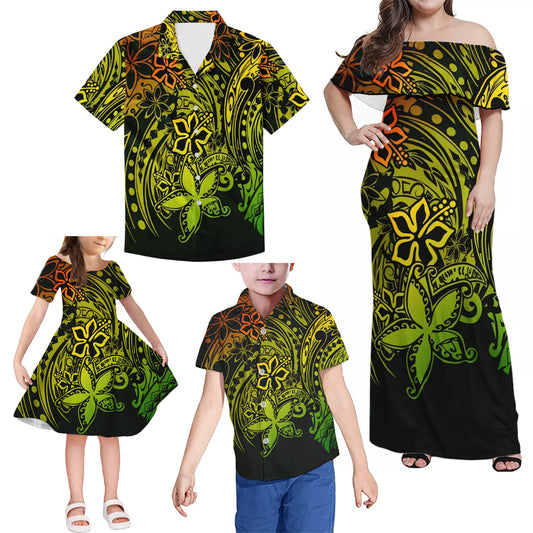 Reggae Polynesian Tribal Flowers Pattern Matching Family Outfits Combo Dress and Hawaiian Shirt For Family Members