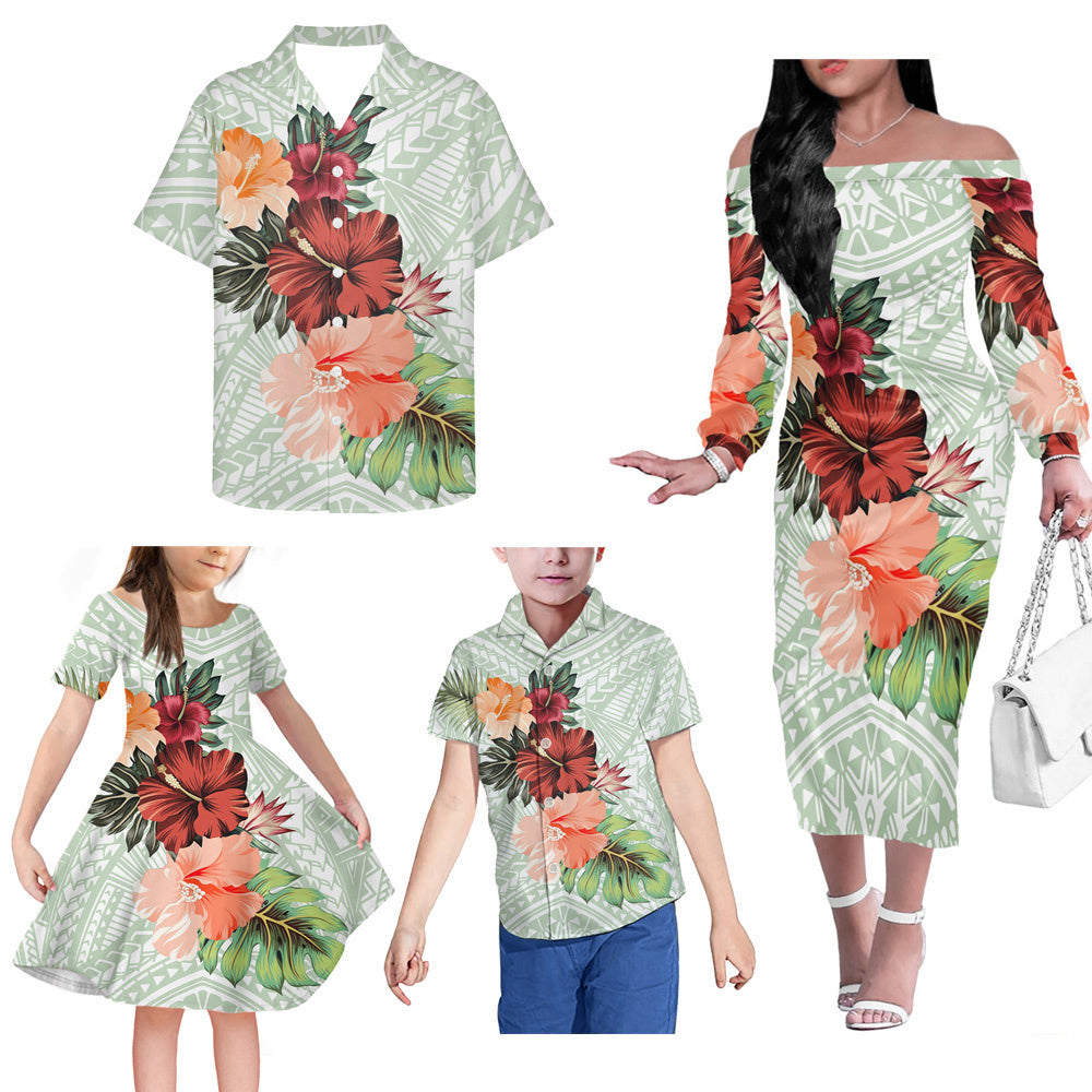 Polynesian Tribal Flowers Pattern Matching Outfit For Family Island Dress Hawaiian Shirt For Her Him Family Members