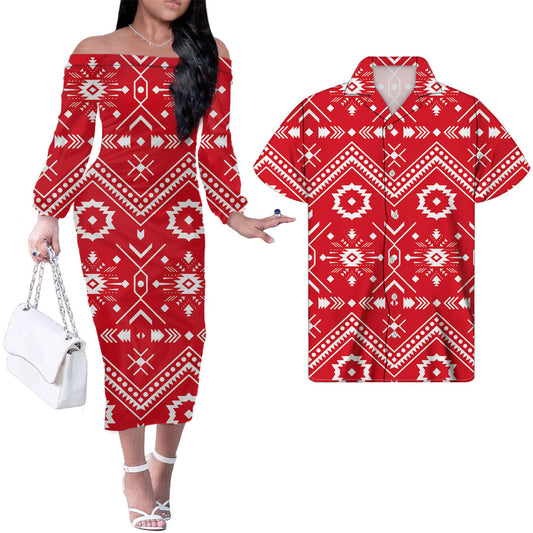 Polynesian Tribal Red Pattern Tropical Pattern Couple Matching Outfits Men Shirts and Dress Off Shoulder Long Dress
