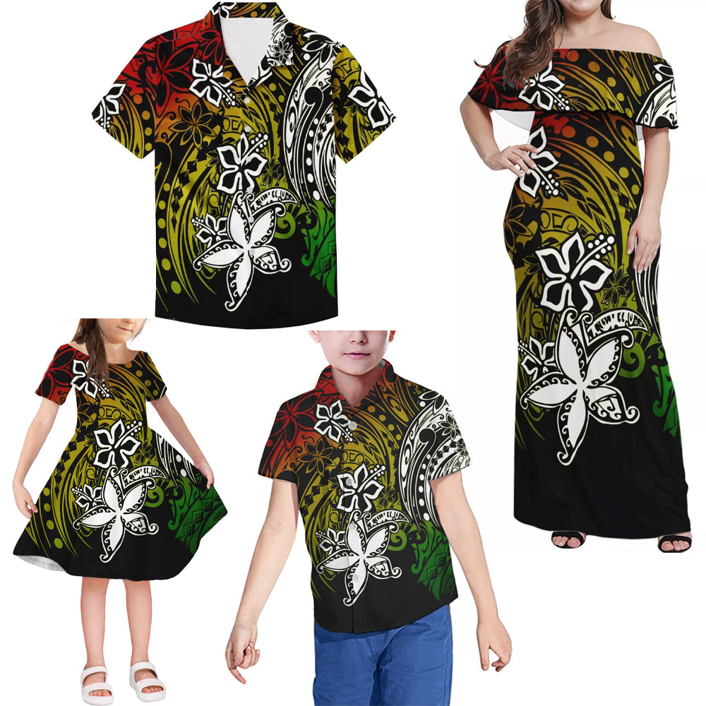 Colorful Polynesian Tribal Flowers Pattern Matching Family Outfits Combo Dress and Hawaiian Shirt For Family Members